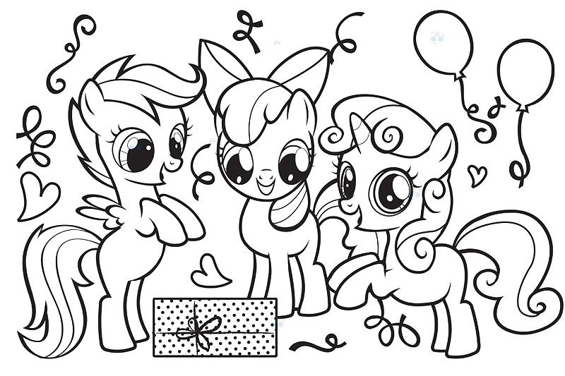 Kolorowanka online: Kolorowanka małe kucyki Pony cieszą się z prezentu